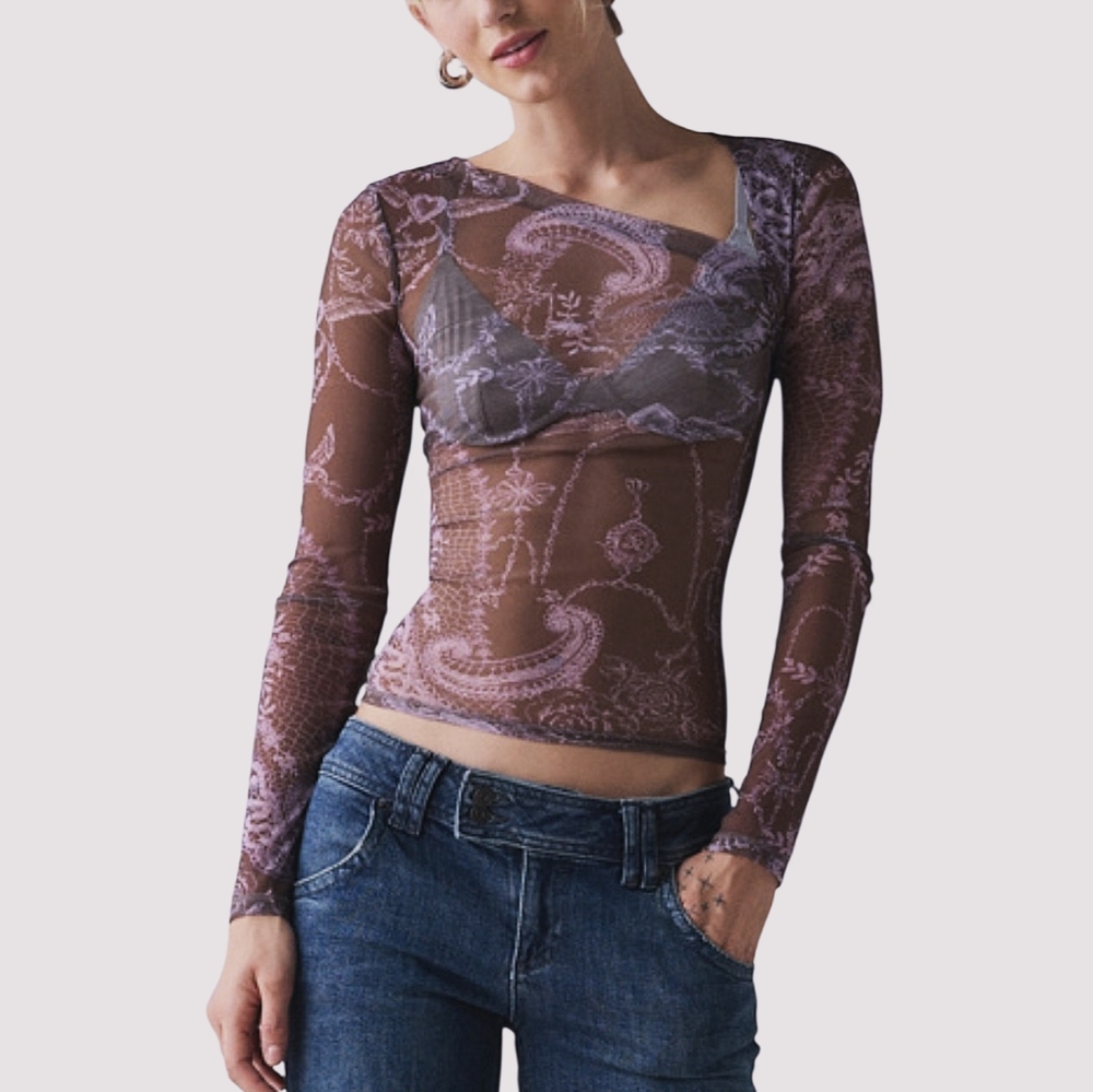 *NWT* UO Love Club Asymmetric Sheer Mesh Long Sleeve Top